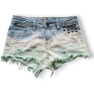 CHIQLÉ Denim Blue White Light Green Ombre Studded Distressed Shorts Size S